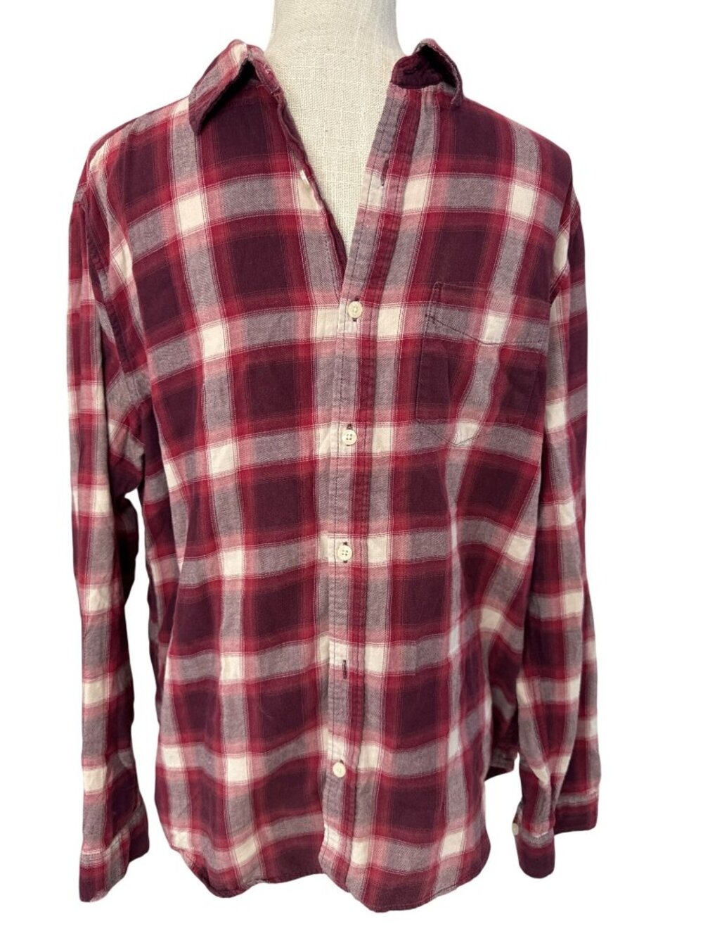 Cape Juby Vintage Plaid Button Down Flannel Shirt Casual Burgundy Red & White M